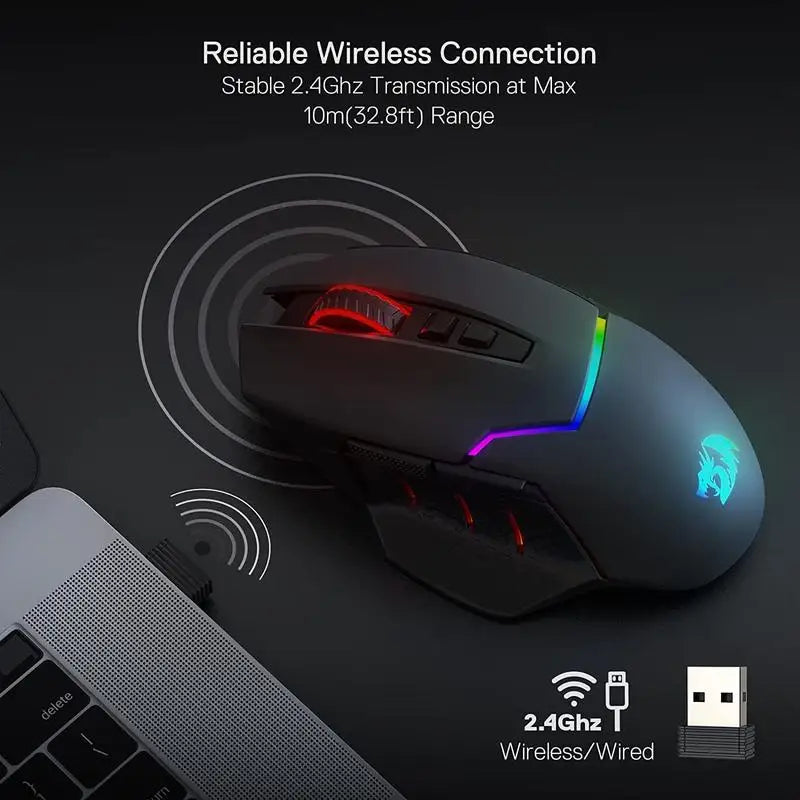 Wireless gaming mouse M690 PRO from Electronics Den with ergonomic design and customizable buttons, shown on a gaming desk.