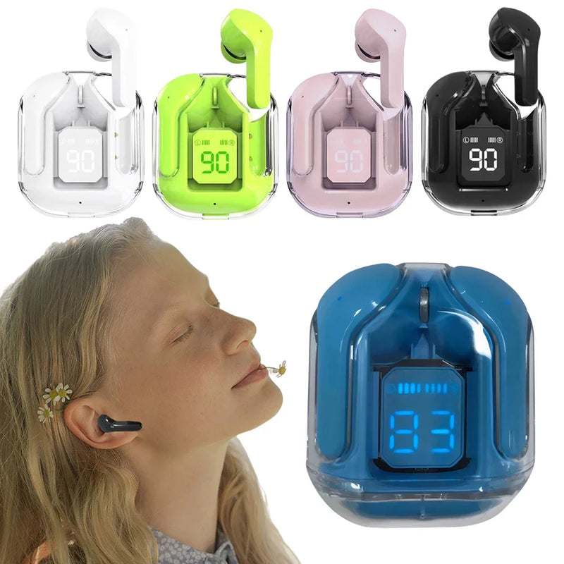Wireless Bluetooth headset AIR31 by Electronics Den with in-ear design and compact charging case, black finish, and sleek appearance.