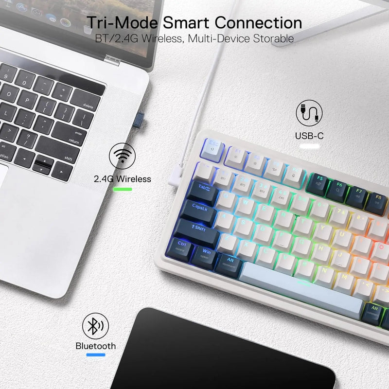 Wireless RGB gaming mechanical keyboard with 98 keys, gasket design, and 3-mode connectivity from Electronics Den.