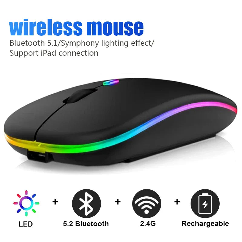 Wireless RGB rechargeable Bluetooth mouse from Electronics Den, showing sleek black design with illuminated RGB lighting.