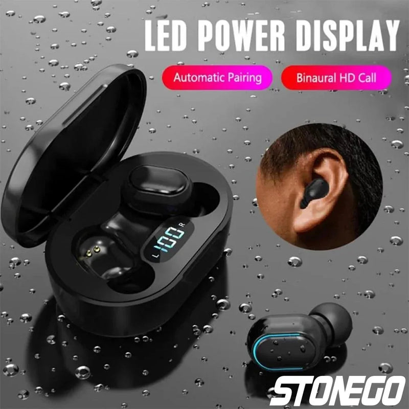 Wireless Bluetooth 5.0 earbuds from Electronics Den with compact charging case and sleek black design.