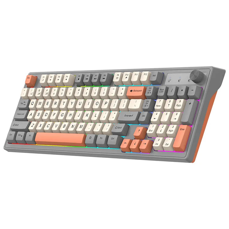 Wireless 98-key keyboard by Electronics Den with rainbow backlit keys, compact design, and wireless connectivity.