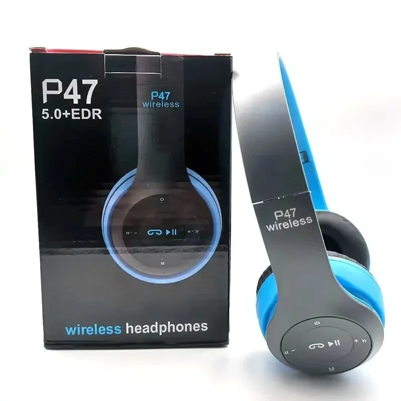 Wireless P47 Bluetooth 5.0 headphones by Electronics Den with cushioned ear cups and sleek black design.