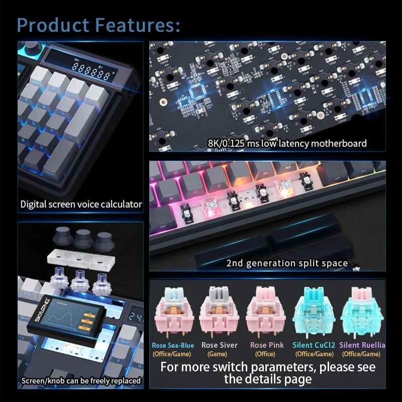 Wireless mechanical keyboard with PBT keycaps, 3.0 screen, three knobs, hot-swappable silent switches by Electronics Den