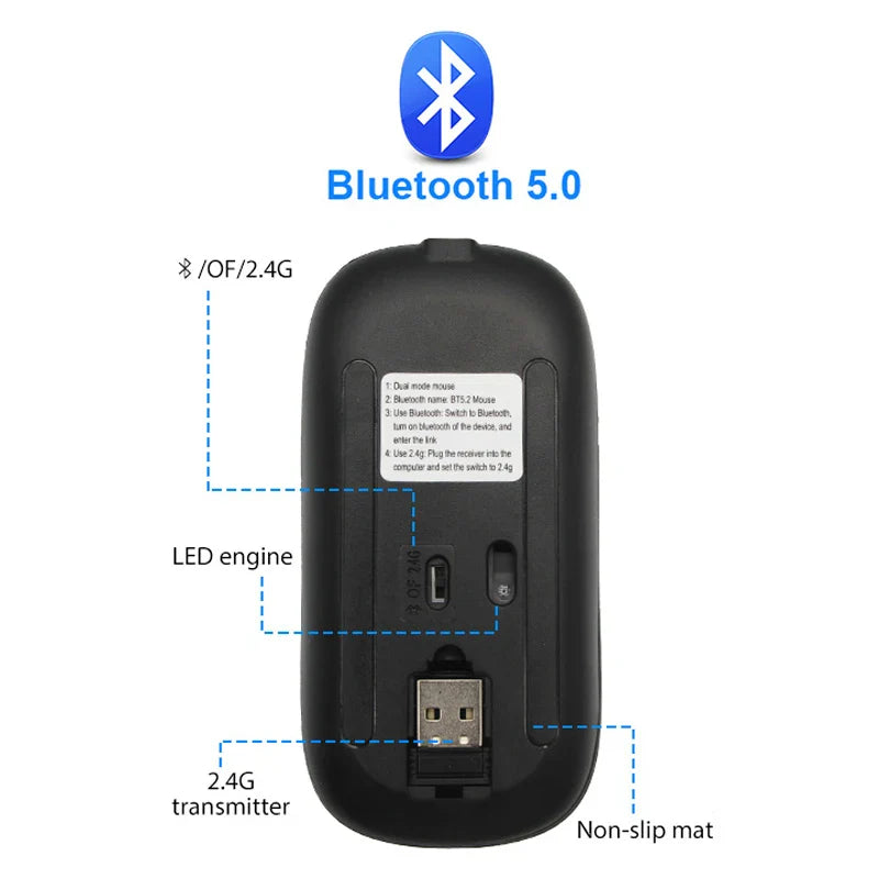 Wireless RGB rechargeable Bluetooth mouse from Electronics Den showing sleek design with colorful LED lighting and ergonomic shape.