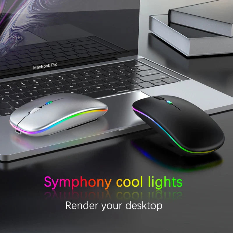 Wireless RGB rechargeable Bluetooth mouse from Electronics Den showing sleek black design with colorful LED lighting.