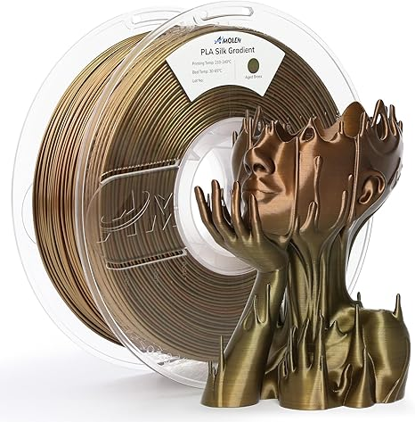 Amolen PLA Silk Basic 1.75mm filament in aged brass color, 1kg spool, suitable for 3D printing projects.