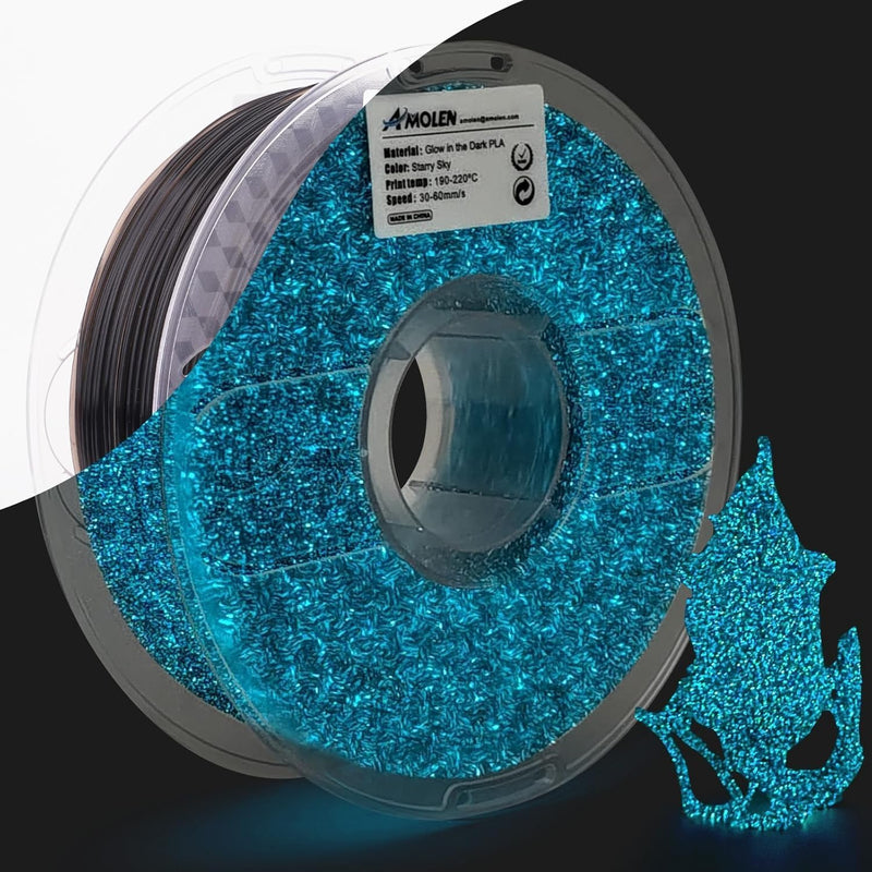 Amolen glow-in-the-dark blue PLA filament spool with starry sky pattern, 1.75mm, 1kg for 3D printing.