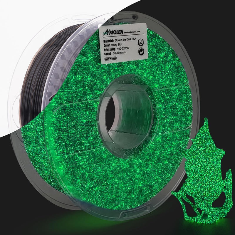 Green glow-in-the-dark PLA filament by Amolen, 1.75mm, 1kg, featuring a starry sky design for 3D printing.