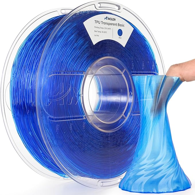 Transparent Amolen TPU filament in 1.75mm, 1kg spool, showing the clear, flexible 3D printing material.