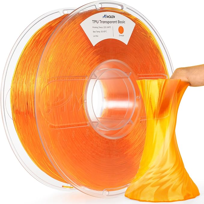 Clear TPU filament from Amolen, 1.75mm, 1kg spool, showing the transparent, flexible 3D printing filament.