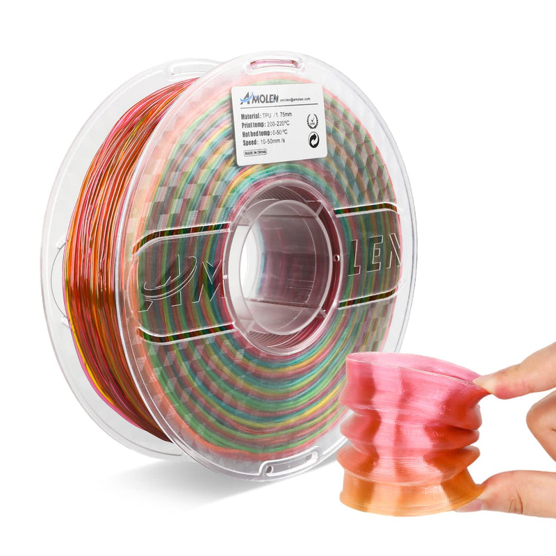 Transparent rainbow-colored TPU filament by Amolen, 1.75mm, 1kg spool for 3D printing.