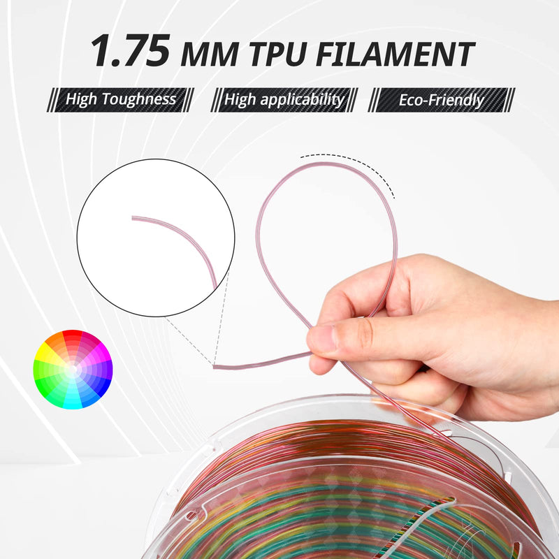 Flexible transparent TPU filament in multicolor rainbow variety pack, shown in 4x200g spools for 3D printing.