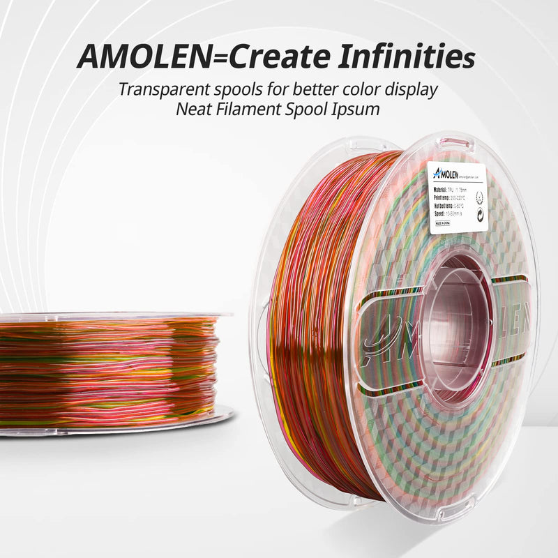 Transparent rainbow-colored Amolen TPU filament spool, 1.75mm diameter, 1kg roll for 3D printing.