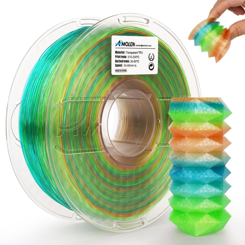 Translucent rainbow-colored TPU filament by Amolen, showing vibrant blue, green, and orange hues in 1.75mm, 1kg spool.