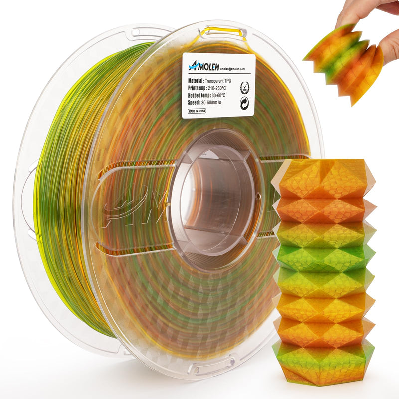 Transparent TPU Rainbow filament by Amolen, showing yellow, green, and orange colors in 1.75mm 3D printing filament 1kg spool