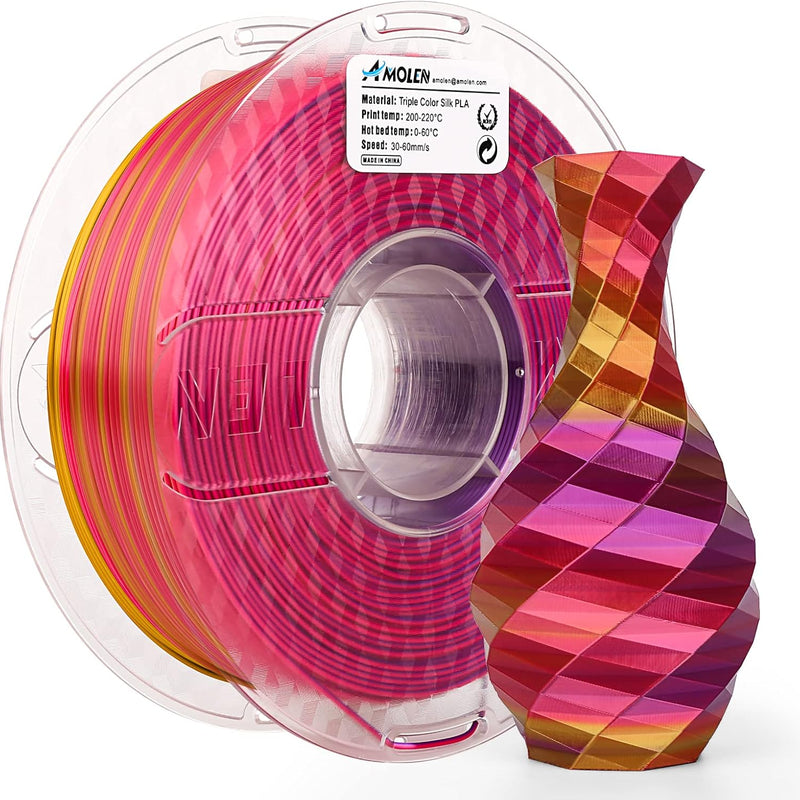 Amolen PLA silk triple color 1.75mm filament in red, gold, and purple, 1kg spool for 3D printing.