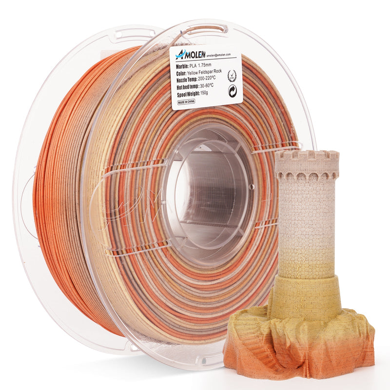 Yellow PLA filament from Amolen, 1.75mm, 1kg spool, designed for 3D printing with a marble-like finish.