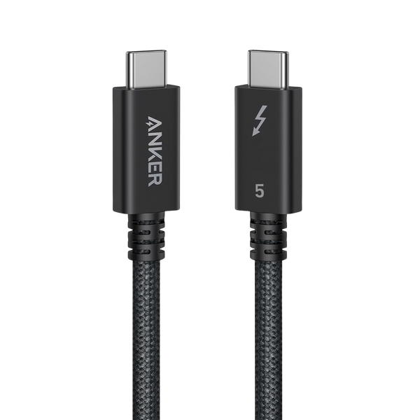 Anker Prime Thunderbolt 5 Cable in black, 3.3 ft and 1.7 ft lengths, showing the sleek cable with connectors, capable of 80 Gbps and 240W.