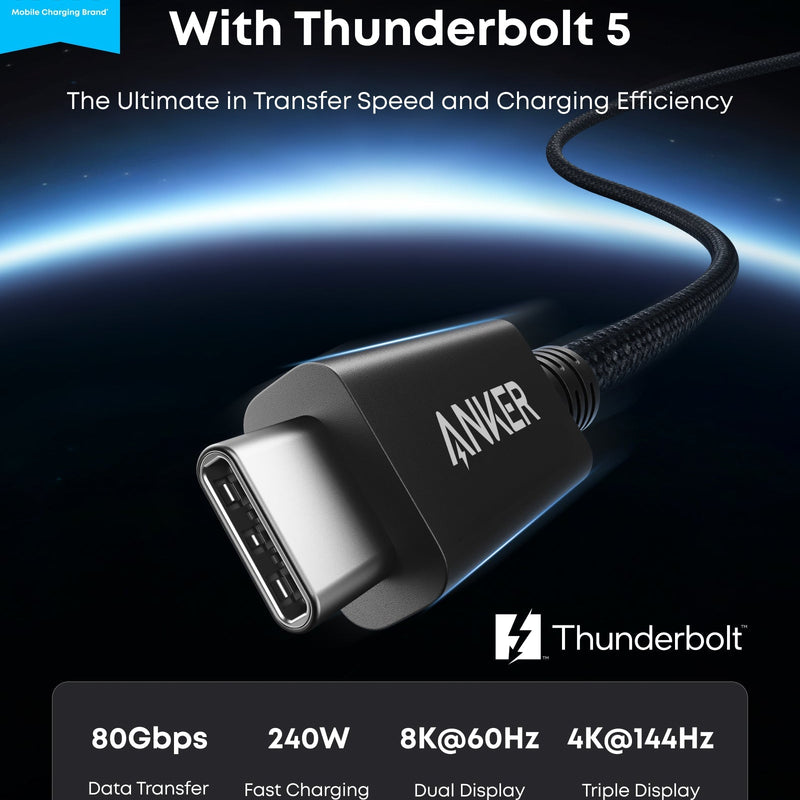 Anker Prime Thunderbolt 5 cable in black, available in 3.3 ft and 1.7 ft, supporting 80 Gbps data transfer and 240W power.
