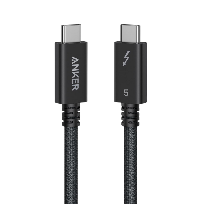 Anker Prime Thunderbolt 5 Cable in black, 3.3 ft and 1.7 ft lengths, supports 80 Gbps data transfer and 240W power delivery.