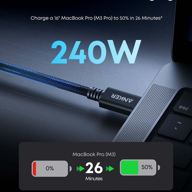 Anker Prime Thunderbolt 5 Cable in black, 3.3 ft and 1.7 ft lengths, supporting 80 Gbps data transfer and 240W charging.