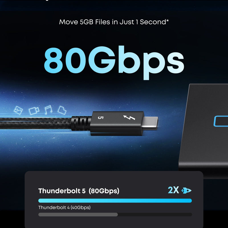 Anker Prime Thunderbolt 5 cable in black, 3.3 ft and 1.7 ft lengths, supporting 80 Gbps data transfer and 240W charging.