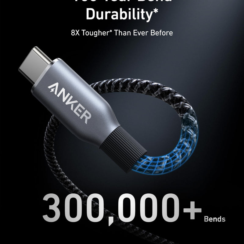 Anker Prime USB-C to USB-C cable, 3 ft, braided upcycled design, supports 240W fast charging.
