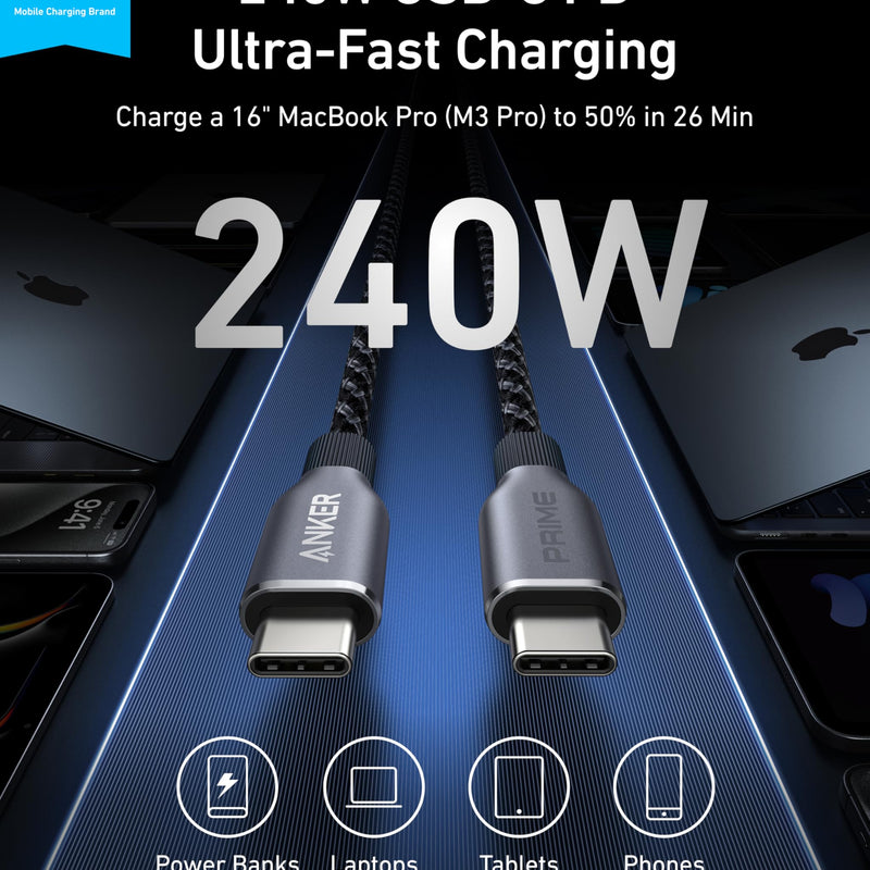 Anker Prime USB-C to USB-C cable, 3 ft, upcycled braided design, 240W power delivery, durable and high-speed charging cable.