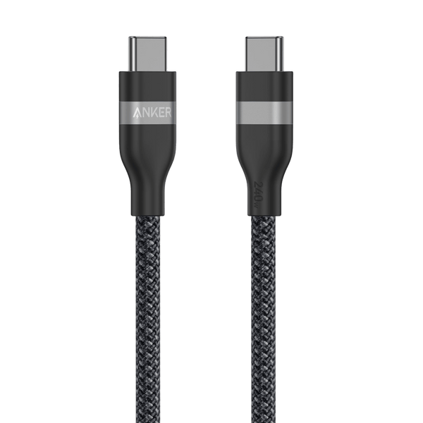 Anker USB-C to USB-C cable in black, 3 ft or 6 ft, upcycled braided design, supports 240W fast charging.