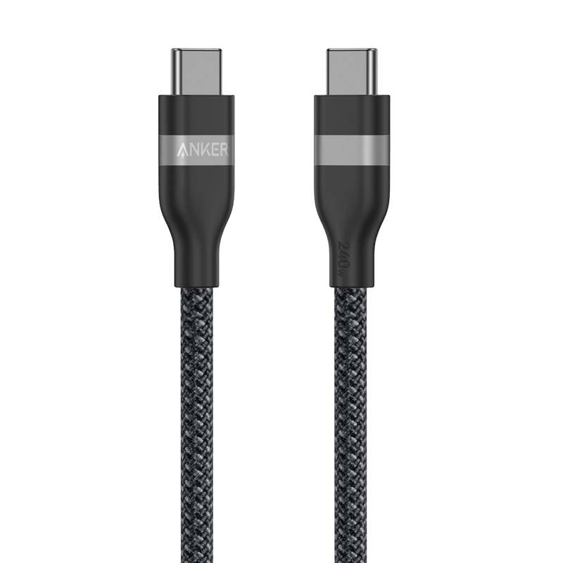 Anker USB-C to USB-C cable in black, 3 ft or 6 ft, upcycled braided design, supports 240W fast charging.