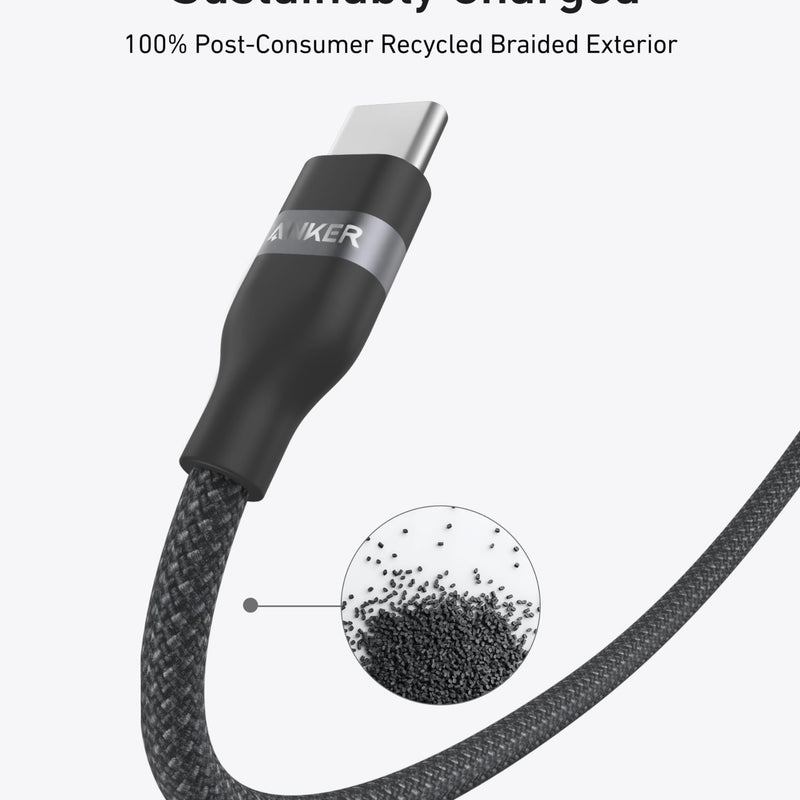 Anker USB-C to USB-C cable in black, 3 ft or 6 ft, braided design, 240W power capacity, upcycled material, durable and flexible.