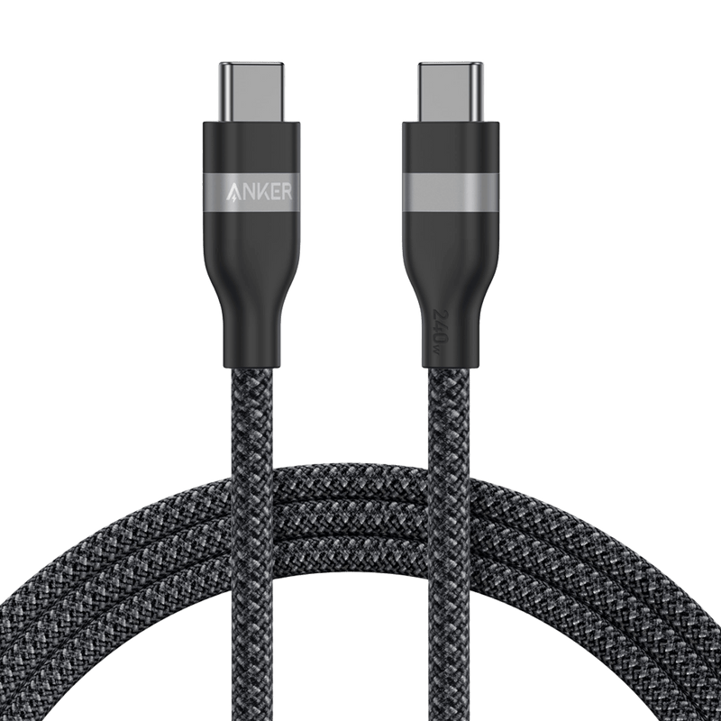 Anker USB-C to USB-C cable in black, 3 ft or 6 ft, upcycled braided design, supports 240W charging for fast power transfer.