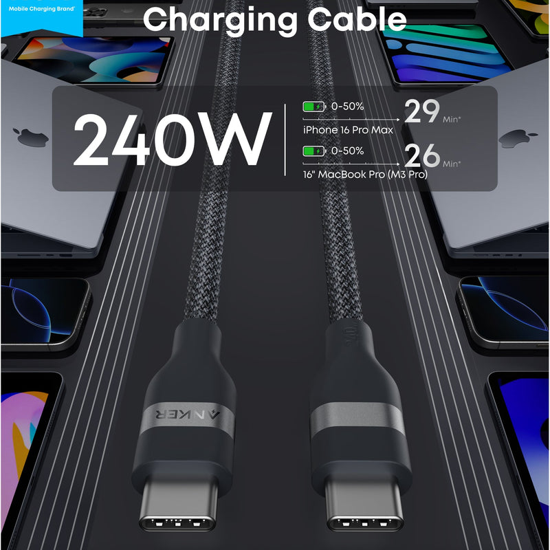 Anker USB-C to USB-C cable in black, 3 ft or 6 ft, upcycled braided design, supports 240W charging.