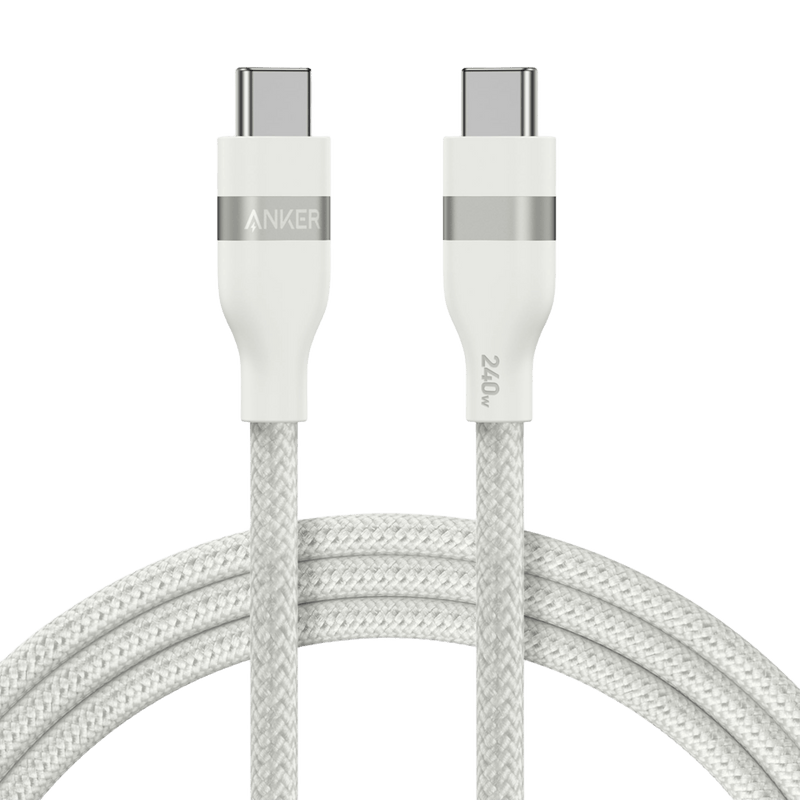 Anker USB-C to USB-C cable in black, 3 ft or 6 ft, upcycled braided design, supports 240W charging for devices.