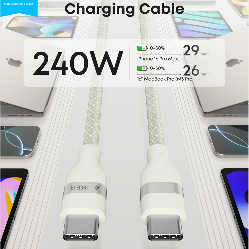 Anker USB-C to USB-C cable in black, 3 ft or 6 ft, upcycled braided design, supports 240W power for fast charging and data transfer.