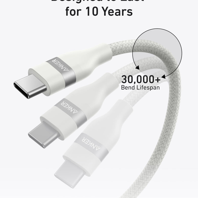Anker USB-C to USB-C cable in black, 3 ft or 6 ft, upcycled braided design, supports 240W charging for devices.