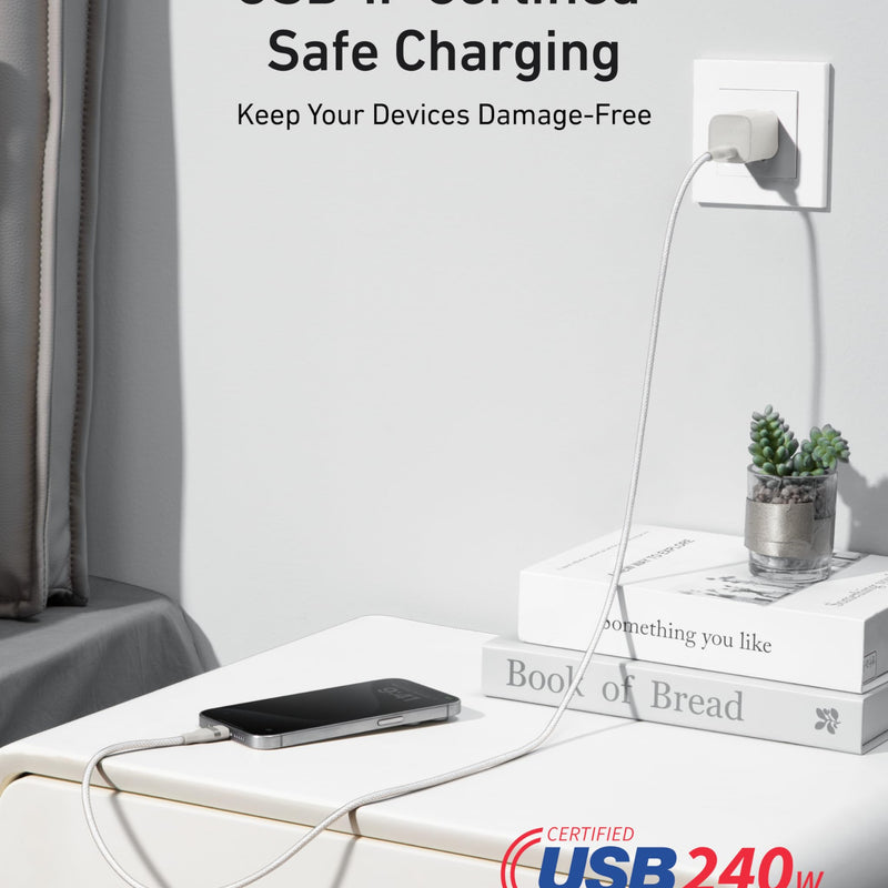 Anker USB-C to USB-C charging cable in black, 3 ft or 6 ft, upcycled braided design, supports 240W power delivery.