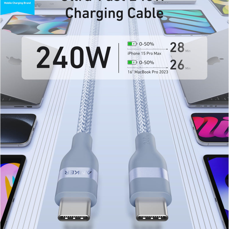 Anker USB-C to USB-C cable in black, available in 3 ft and 6 ft lengths, upcycled braided design, supports 240W charging.