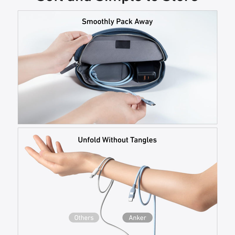 Anker USB-C to USB-C cable in black, 3 ft or 6 ft, upcycled braided design, capable of 240W power delivery.