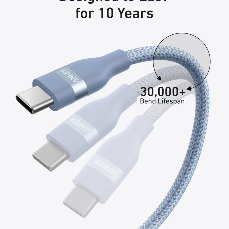 Anker USB-C to USB-C cable in black, upcycled braided design, available in 3 ft and 6 ft lengths, supports 240W charging.