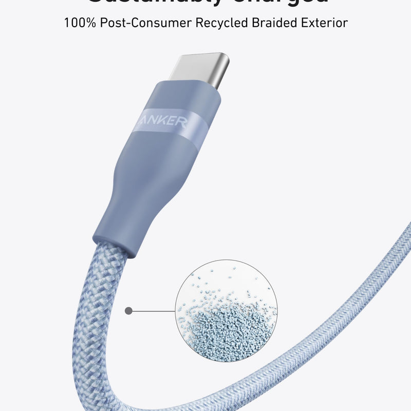 Anker USB-C to USB-C cable in black, upcycled braided design, available in 3 ft and 6 ft lengths, supports 240W charging.