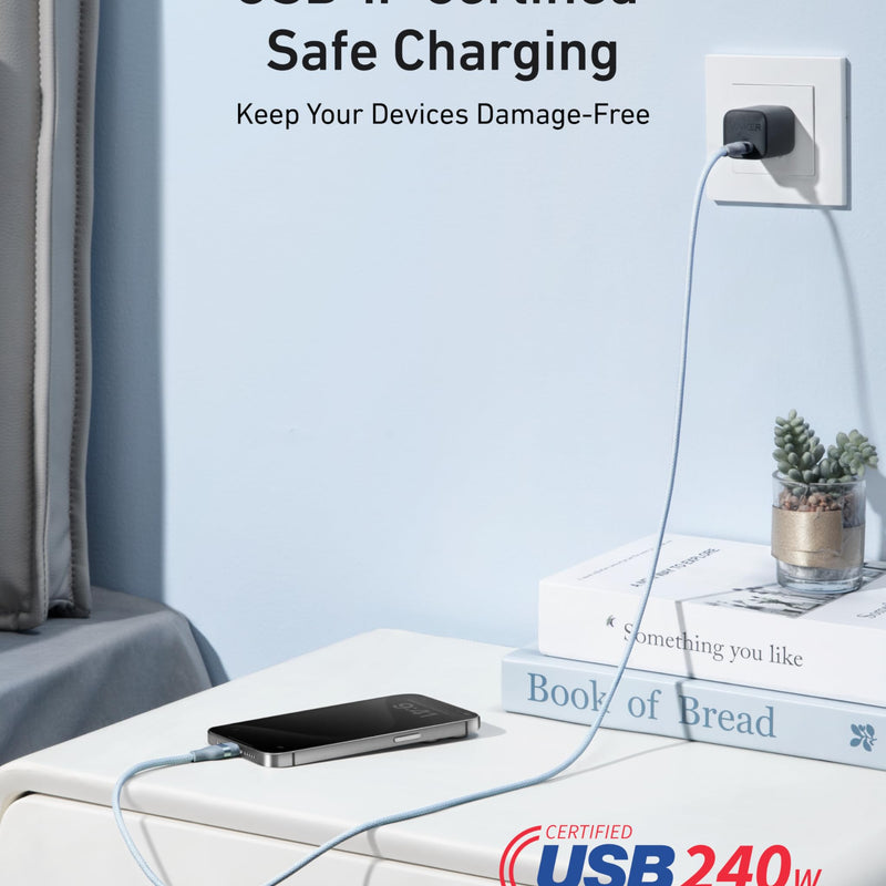 Anker USB-C to USB-C charging cable in black, 3 ft or 6 ft, braided upcycled design, supports 240W fast charging.
