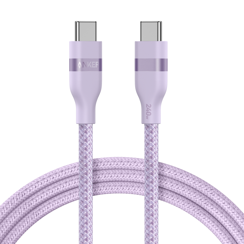 Anker USB-C to USB-C cable in black, 3 ft or 6 ft, upcycled braided design, supports 240W power delivery for fast charging.