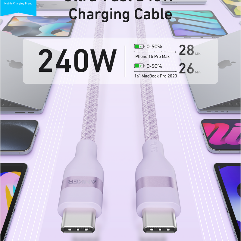 Anker USB-C to USB-C cable in black, upcycled braided design, available in 3 ft and 6 ft lengths, supports 240W charging.