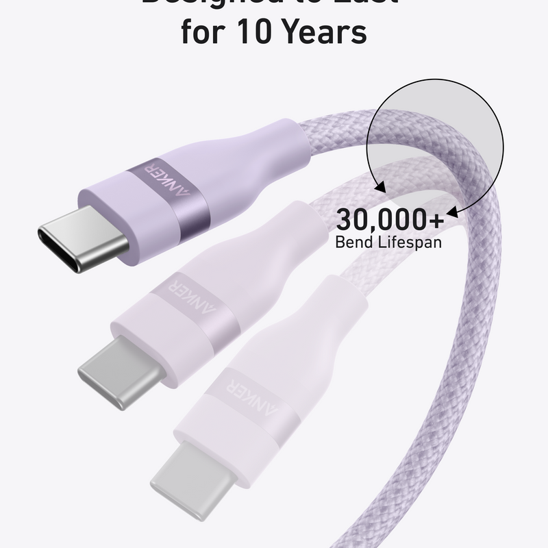 Anker USB-C to USB-C cable in black, 3 ft or 6 ft, upcycled braided design, supports 240W charging for fast power transfer.