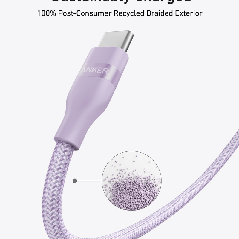 Anker USB-C to USB-C cable in black, 3 ft or 6 ft, upcycled braided design, supports 240W charging for fast power transfer.