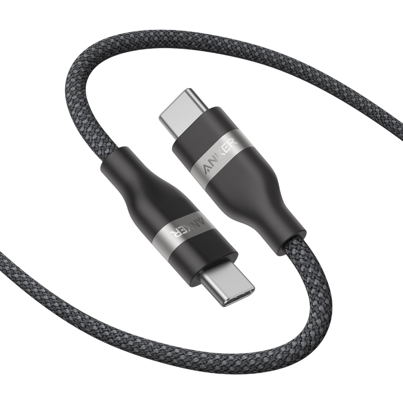 Anker USB-C to USB-C cable in black, 3 ft or 6 ft, upcycled braided design, supports 240W fast charging.