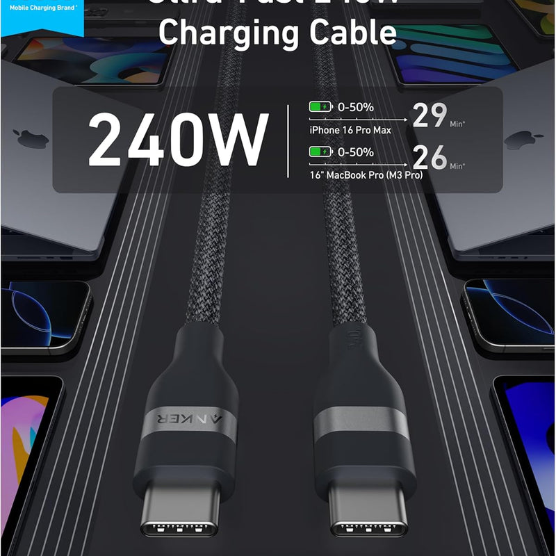 Anker USB-C to USB-C cable in black, 3 ft or 6 ft length, braided design, supports up to 240W for fast charging.