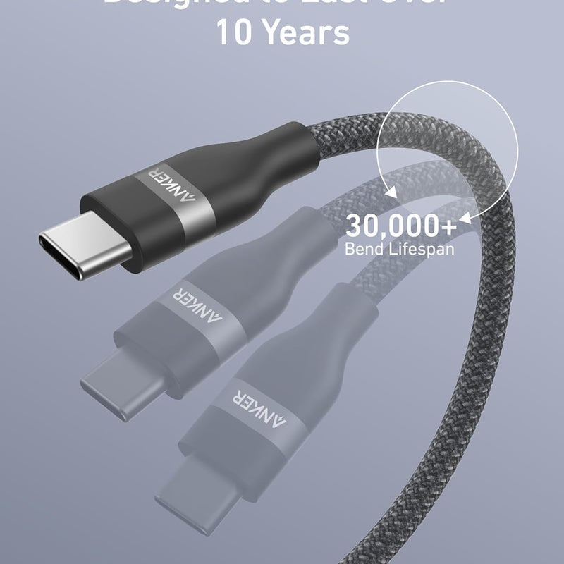 Anker USB-C to USB-C cable in black, 3 ft or 6 ft, upcycled braided design, supports 240W charging and data transfer.